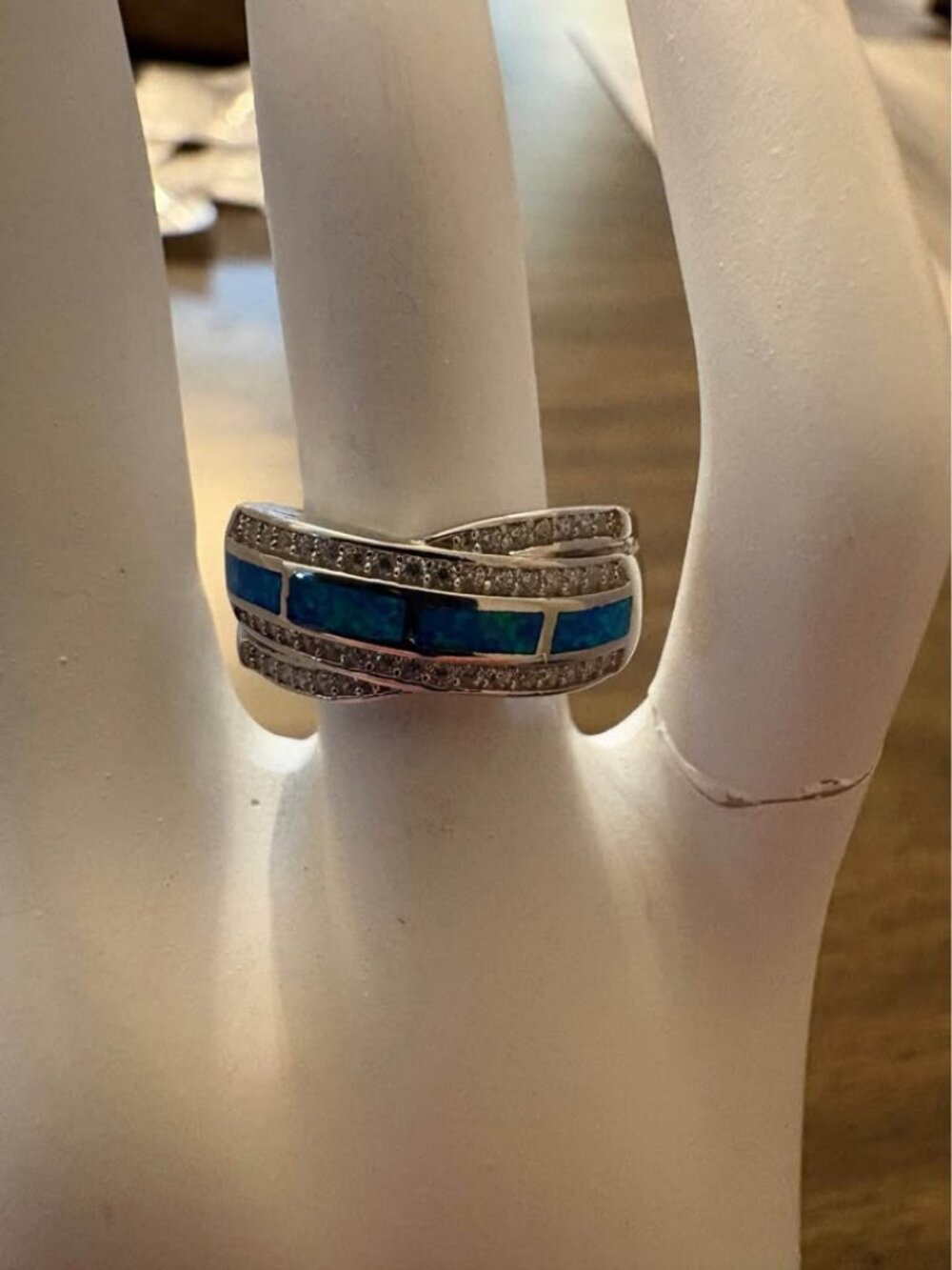 Blue Opal and Clear Moissinite Silver 925 Ring Size 5